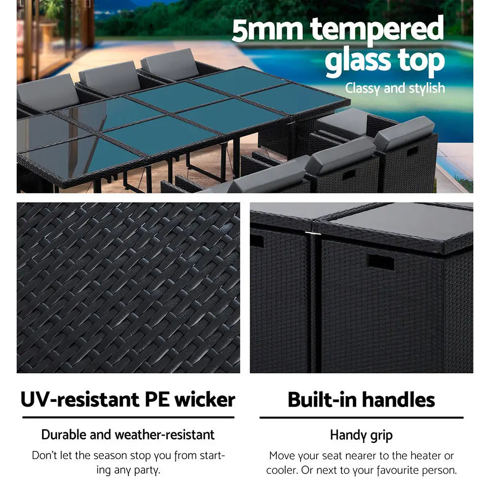 Gardeon Outdoor Dining Set 13 Piece Wicker Table Chairs Setting Black - Furniture > Dining