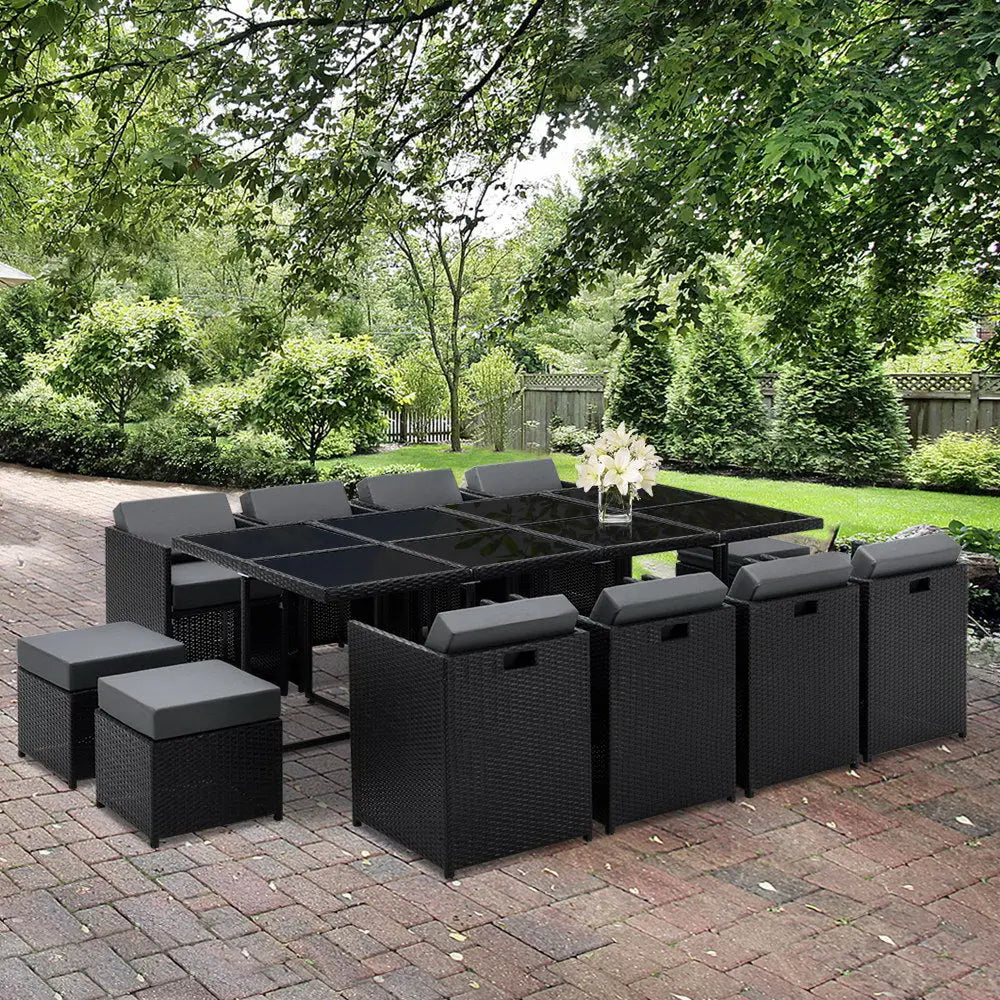 Gardeon Outdoor Dining Set 13 Piece Wicker Table Chairs Setting Black - Furniture > Dining