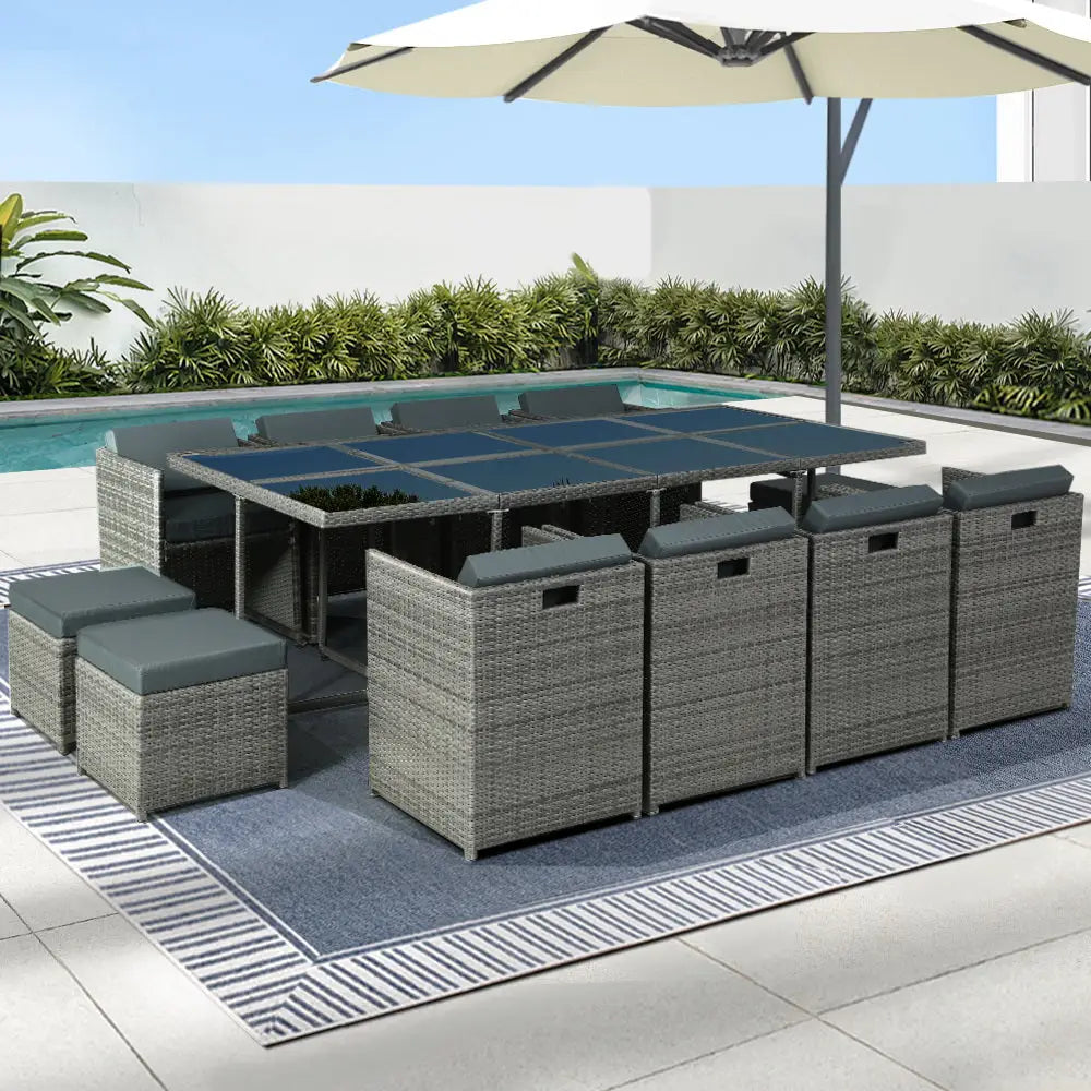 Gardeon Outdoor Dining Set 13 Piece Wicker Table Chairs Setting Grey - Furniture > Outdoor