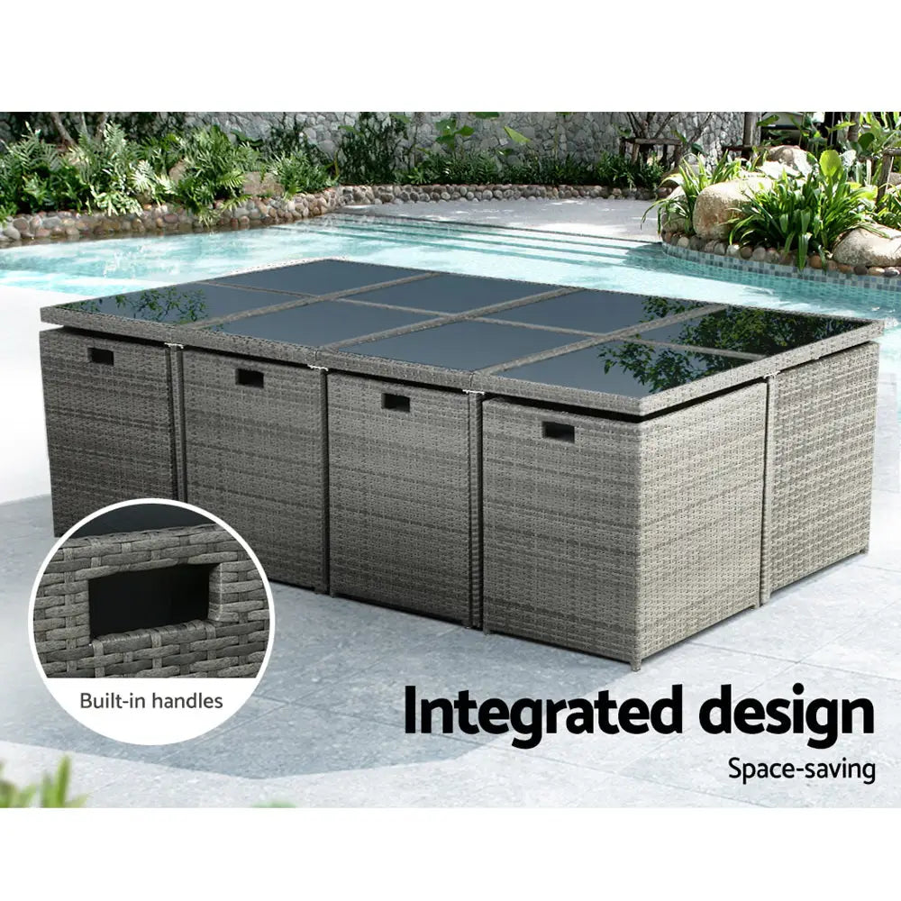 Gardeon Outdoor Dining Set 13 Piece Wicker Table Chairs Setting Grey - Furniture > Outdoor