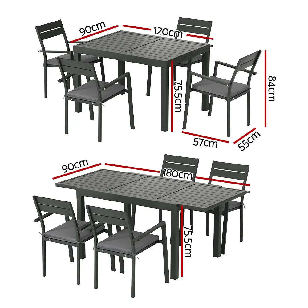 Gardeon Outdoor Dining Set 5 Piece Aluminum Extendable Table Setting Black - Furniture > Outdoor