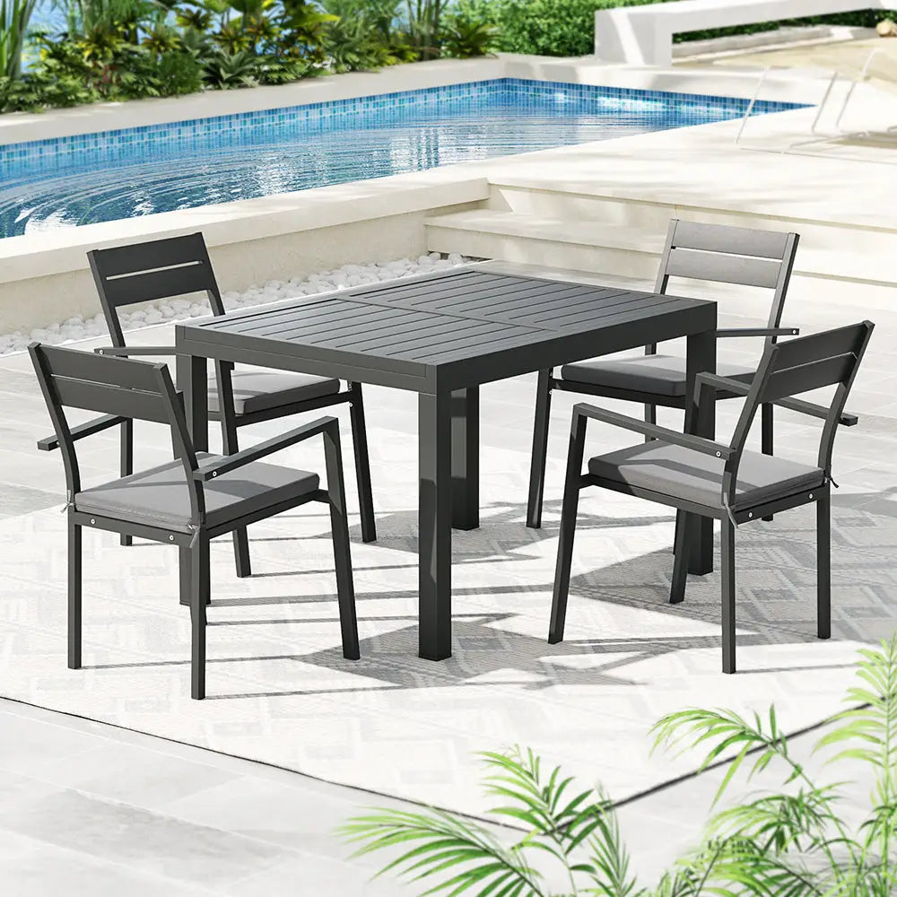 Gardeon Outdoor Dining Set 5 Piece Aluminum Extendable Table Setting Black - Furniture > Outdoor