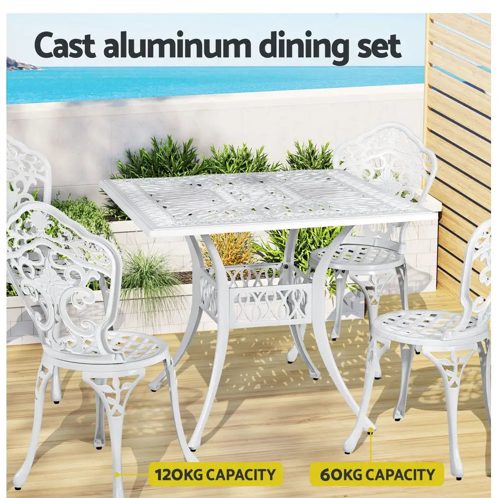 Gardeon Outdoor Dining Set 5 Piece Chairs Table Cast Aluminum Patio White - Furniture > Outdoor