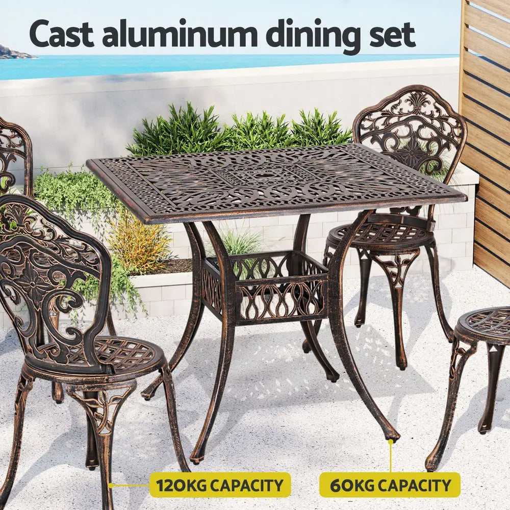 Gardeon Outdoor Dining Set 5 Piece Chairs Table Cast Aluminum Patio Brown - Furniture > Outdoor