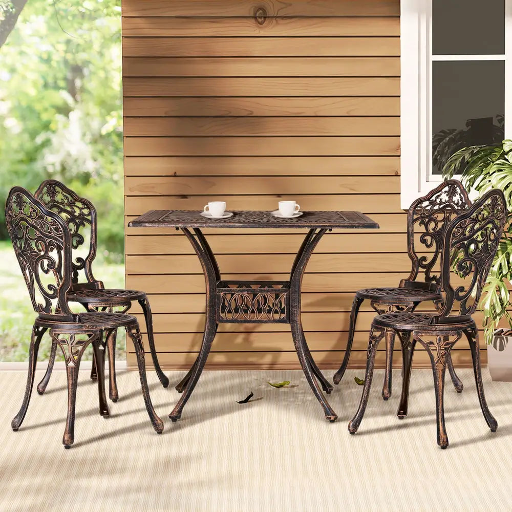 Gardeon Outdoor Dining Set 5 Piece Chairs Table Cast Aluminum Patio Brown - Furniture > Outdoor