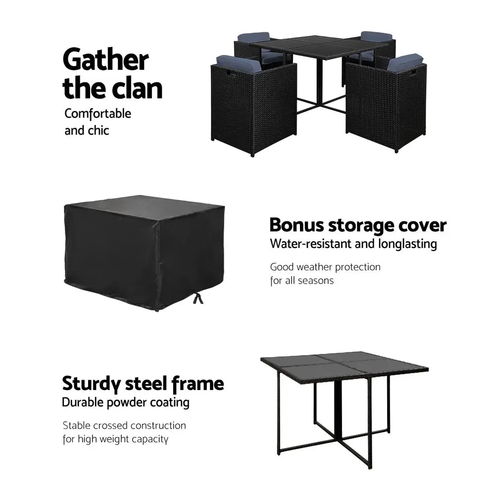 Gardeon Outdoor Dining Set 5 Piece Wicker Table Chairs Setting Black - Furniture > Dining