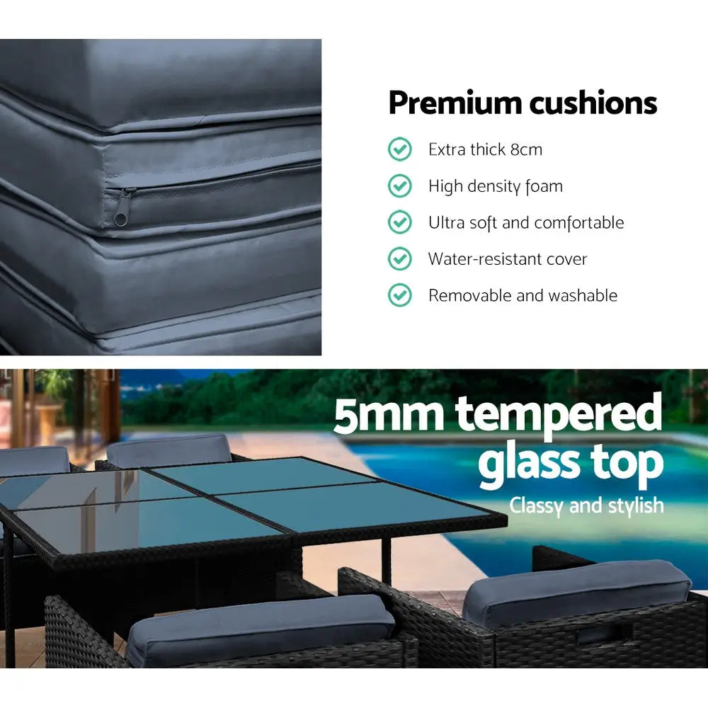 Gardeon Outdoor Dining Set 5 Piece Wicker Table Chairs Setting Black - Furniture > Dining