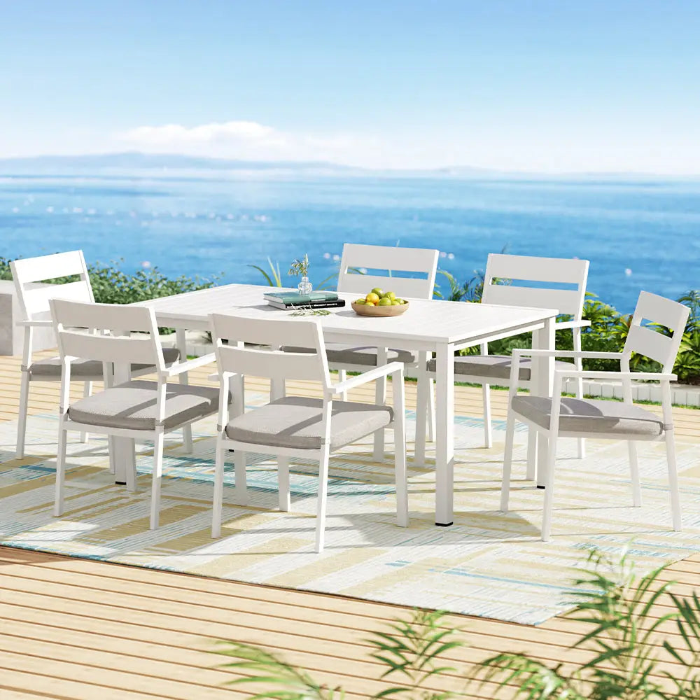 Gardeon Outdoor Dining Set 7 Piece Aluminum Table Chairs Setting White - Furniture > Outdoor