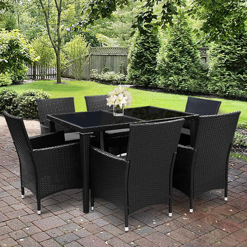Gardeon Outdoor Dining Set 7 Piece Wicker Lounge Setting Black - Furniture > Outdoor