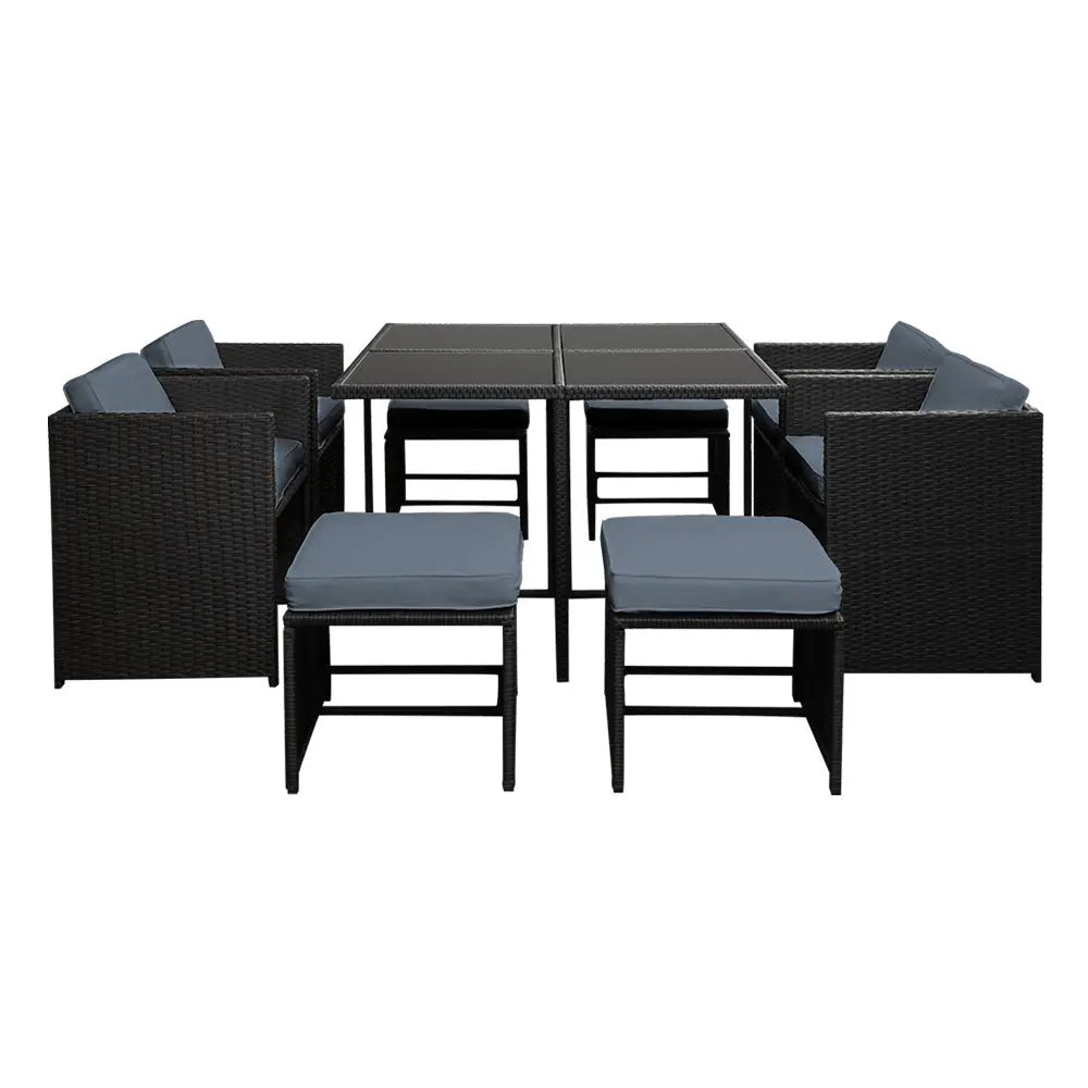 Gardeon Outdoor Dining Set 9 Piece Wicker Table Chairs Setting Black - Furniture > Dining