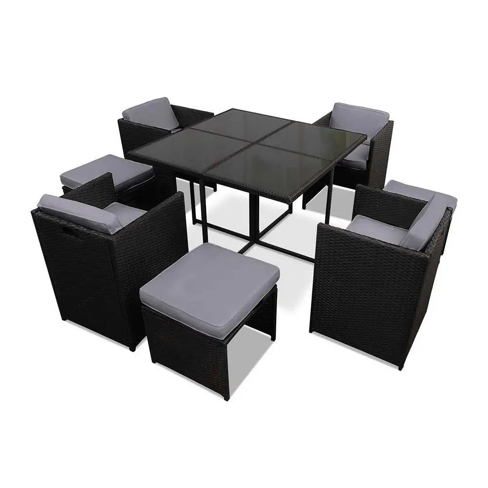 Gardeon Outdoor Dining Set 9 Piece Wicker Table Chairs Setting Black - Furniture > Dining