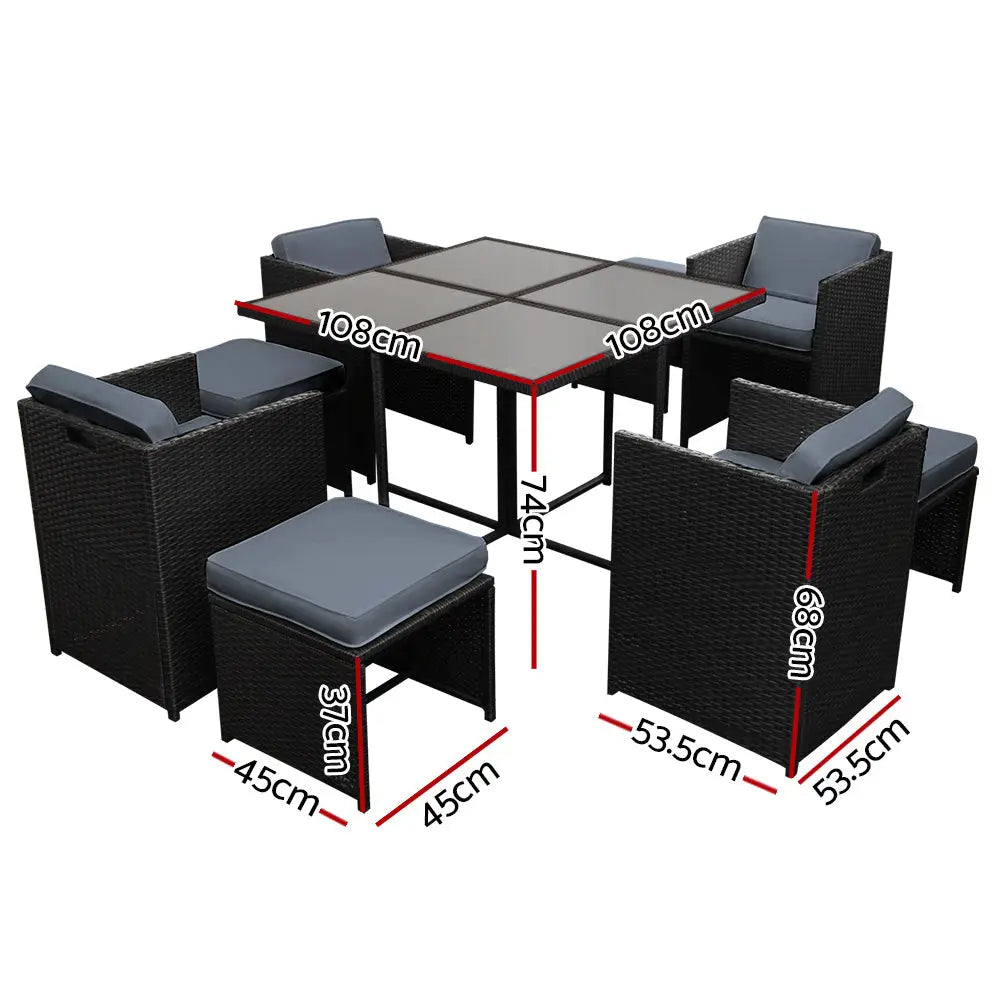 Gardeon Outdoor Dining Set 9 Piece Wicker Table Chairs Setting Black - Furniture > Dining