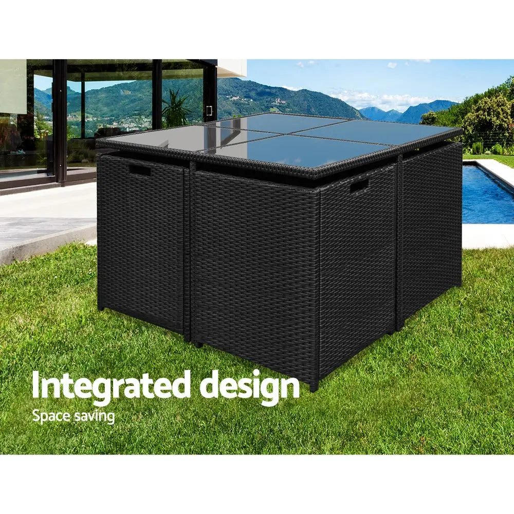Gardeon Outdoor Dining Set 9 Piece Wicker Table Chairs Setting Black - Furniture > Dining