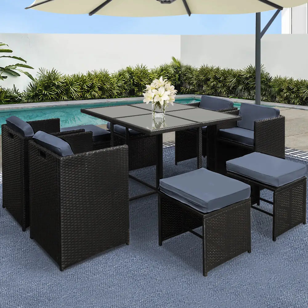 Gardeon Outdoor Dining Set 9 Piece Wicker Table Chairs Setting Black - Furniture > Dining