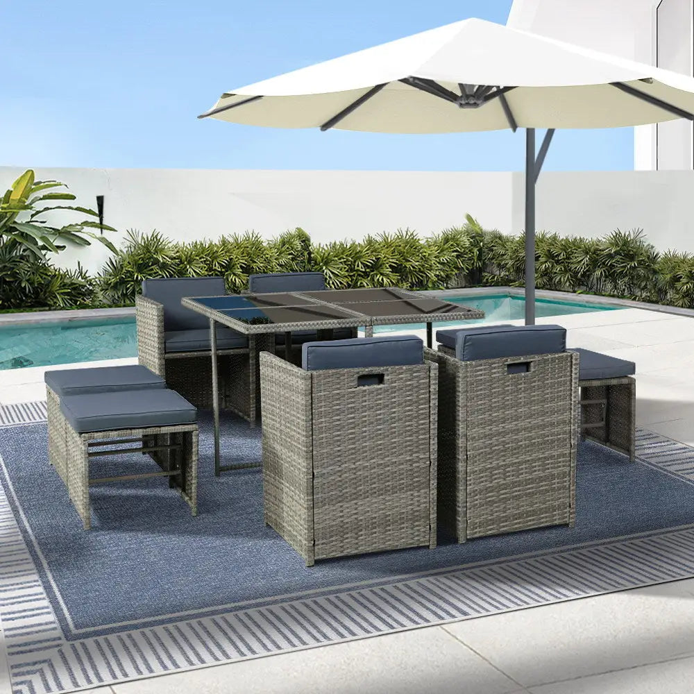 Gardeon Outdoor Dining Set 9 Piece Wicker Table Chairs Setting Grey - Furniture > Outdoor > Outdoor Chairs