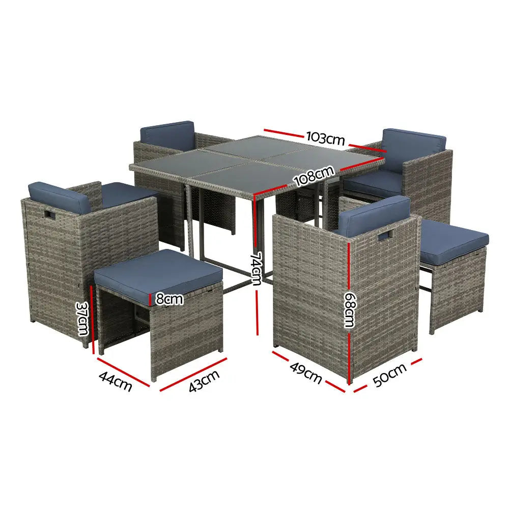 Gardeon Outdoor Dining Set 9 Piece Wicker Table Chairs Setting Grey - Furniture > Outdoor > Outdoor Chairs