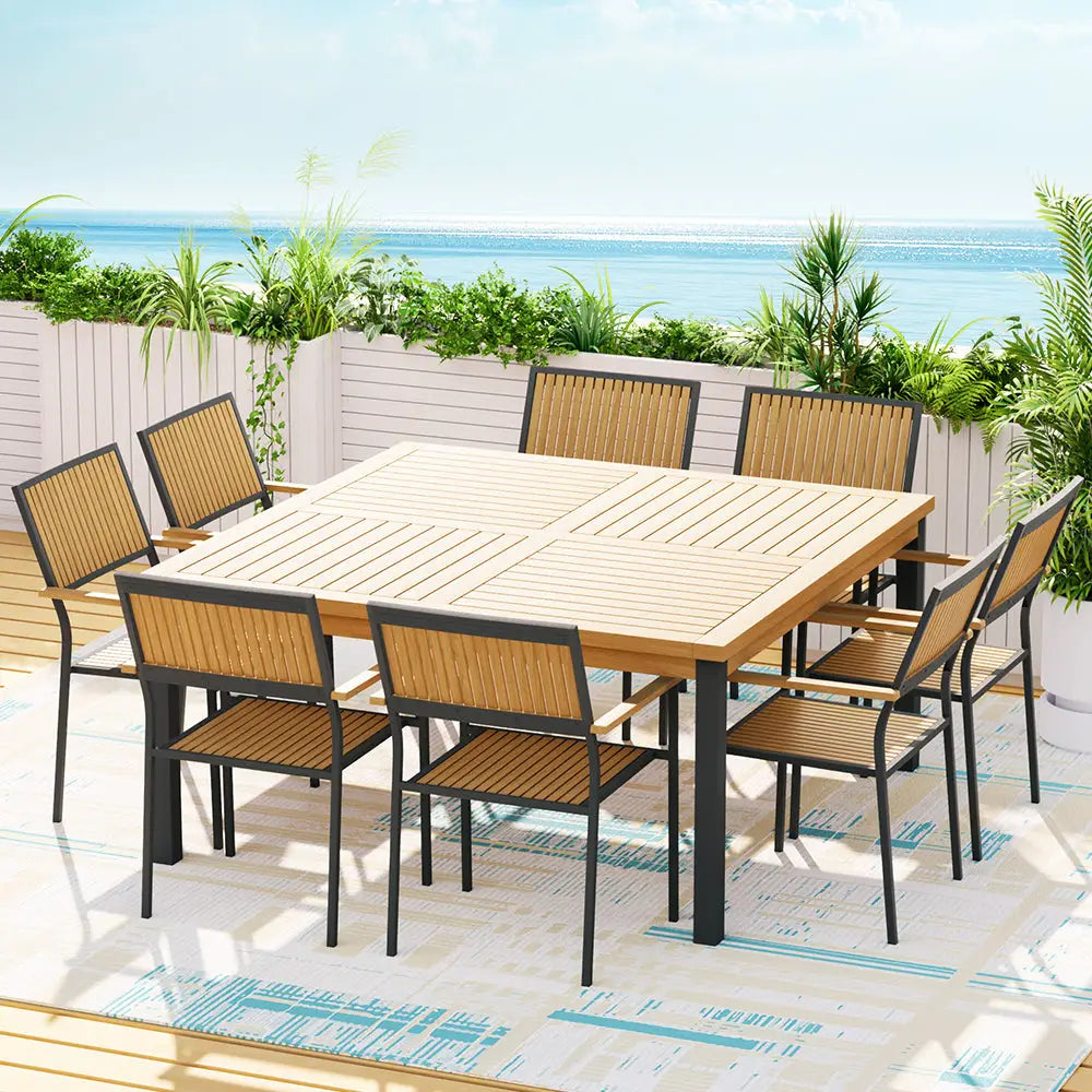 Gardeon Outdoor Dining Set 9 Piece Wooden Table Chairs Setting - Furniture > Outdoor