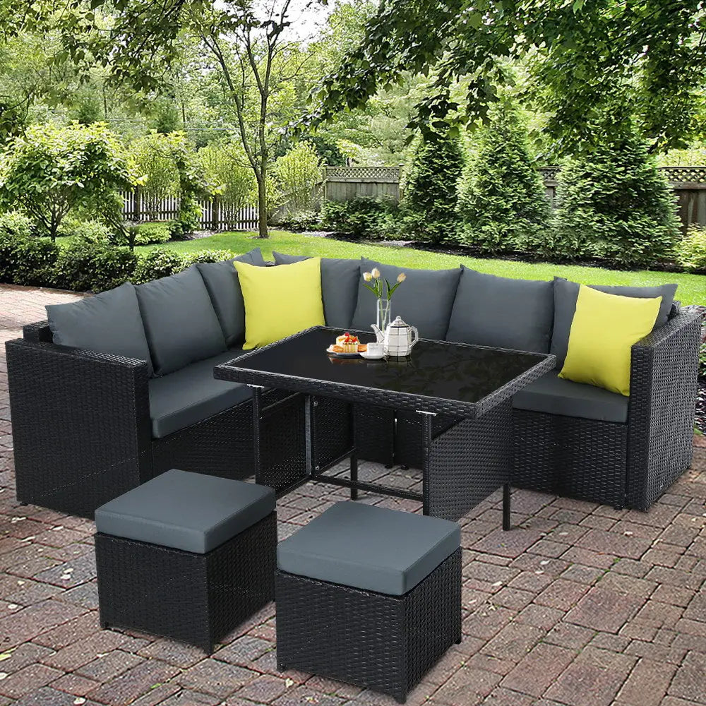 Gardeon Outdoor Dining Set Aluminum Table Chairs Wicker Setting Black - Furniture > Outdoor