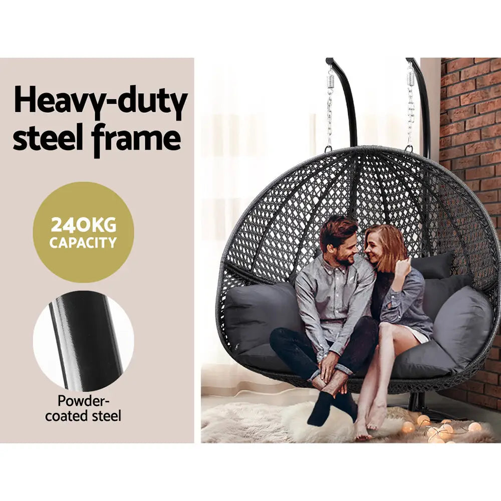 Gardeon Outdoor Egg Swing Chair Hanging Pod Chair Wicker Cushion 2 Person Grey - Home & Garden > Garden Furniture