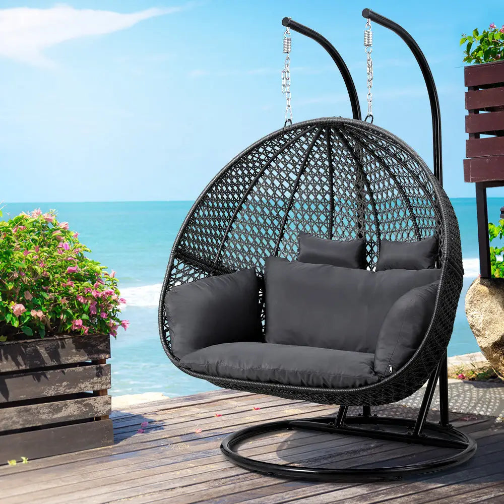 Gardeon Outdoor Egg Swing Chair Hanging Pod Chair Wicker Cushion 2 Person Grey - Home & Garden > Garden Furniture