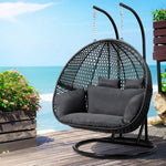 Gardeon Outdoor Egg Swing Chair Hanging Pod Chair Wicker Cushion 2 Person Grey - Home & Garden > Garden Furniture