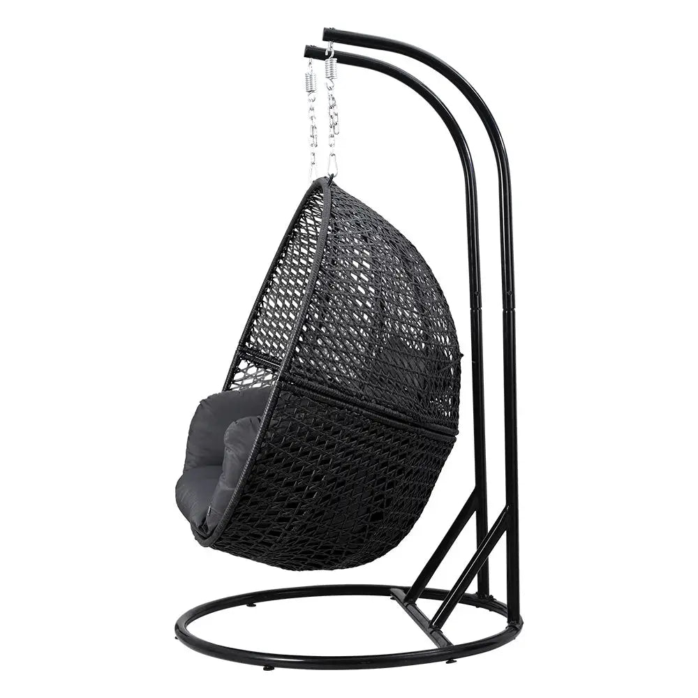 Gardeon Outdoor Egg Swing Chair Hanging Pod Chair Wicker Cushion 2 Person Grey - Home & Garden > Garden Furniture