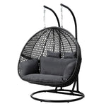 Gardeon Outdoor Egg Swing Chair Hanging Pod Chair Wicker Cushion 2 Person Grey - Home & Garden > Garden Furniture