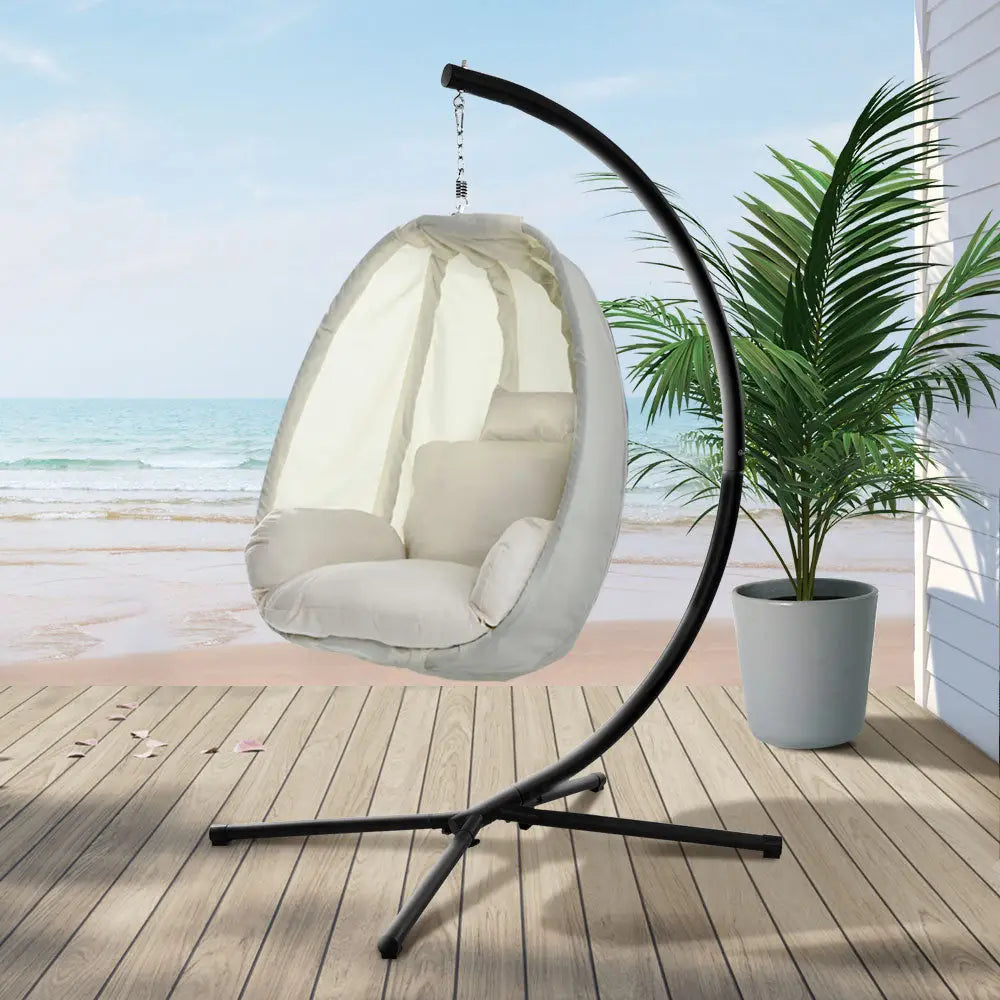 Gardeon Outdoor Egg Swing Chair Patio Furniture Pod Stand Canopy Foldable Cream - Furniture > Outdoor