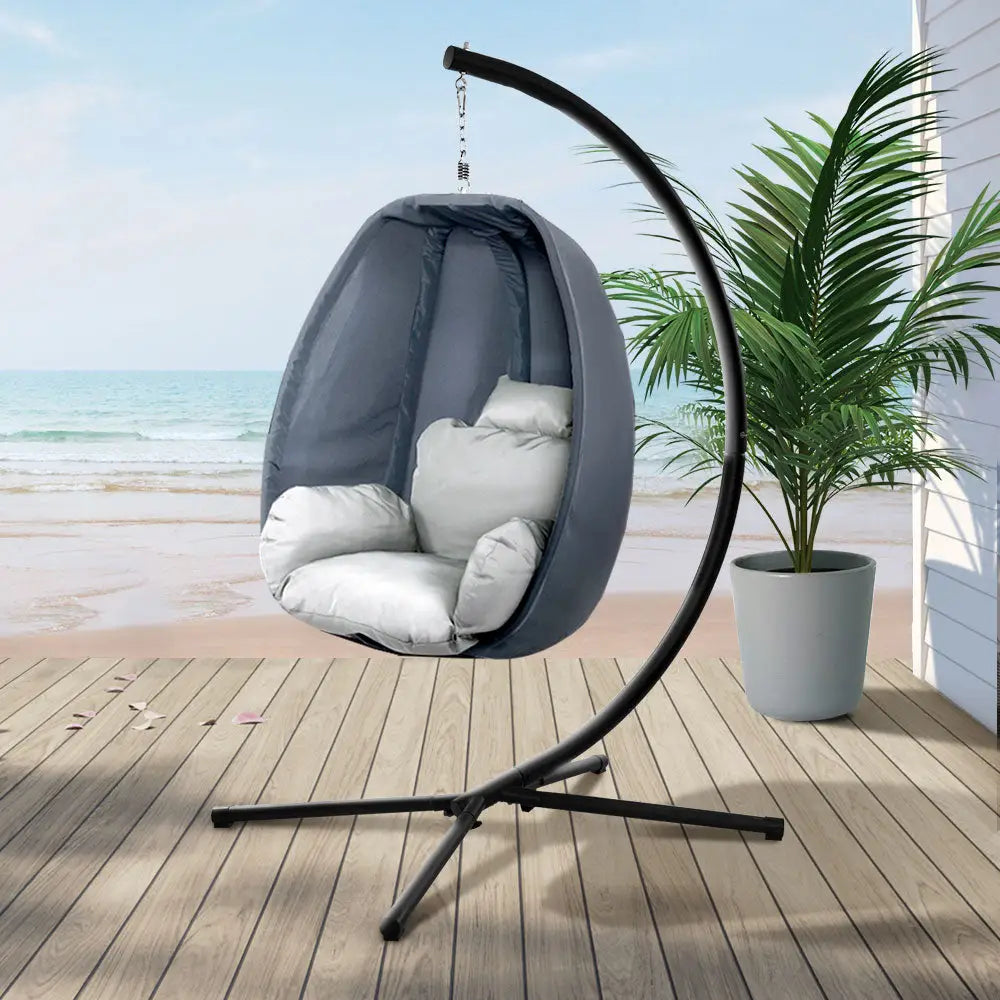 Gardeon Outdoor Egg Swing Chair Patio Furniture Pod Stand Canopy Foldable Grey - Furniture > Outdoor