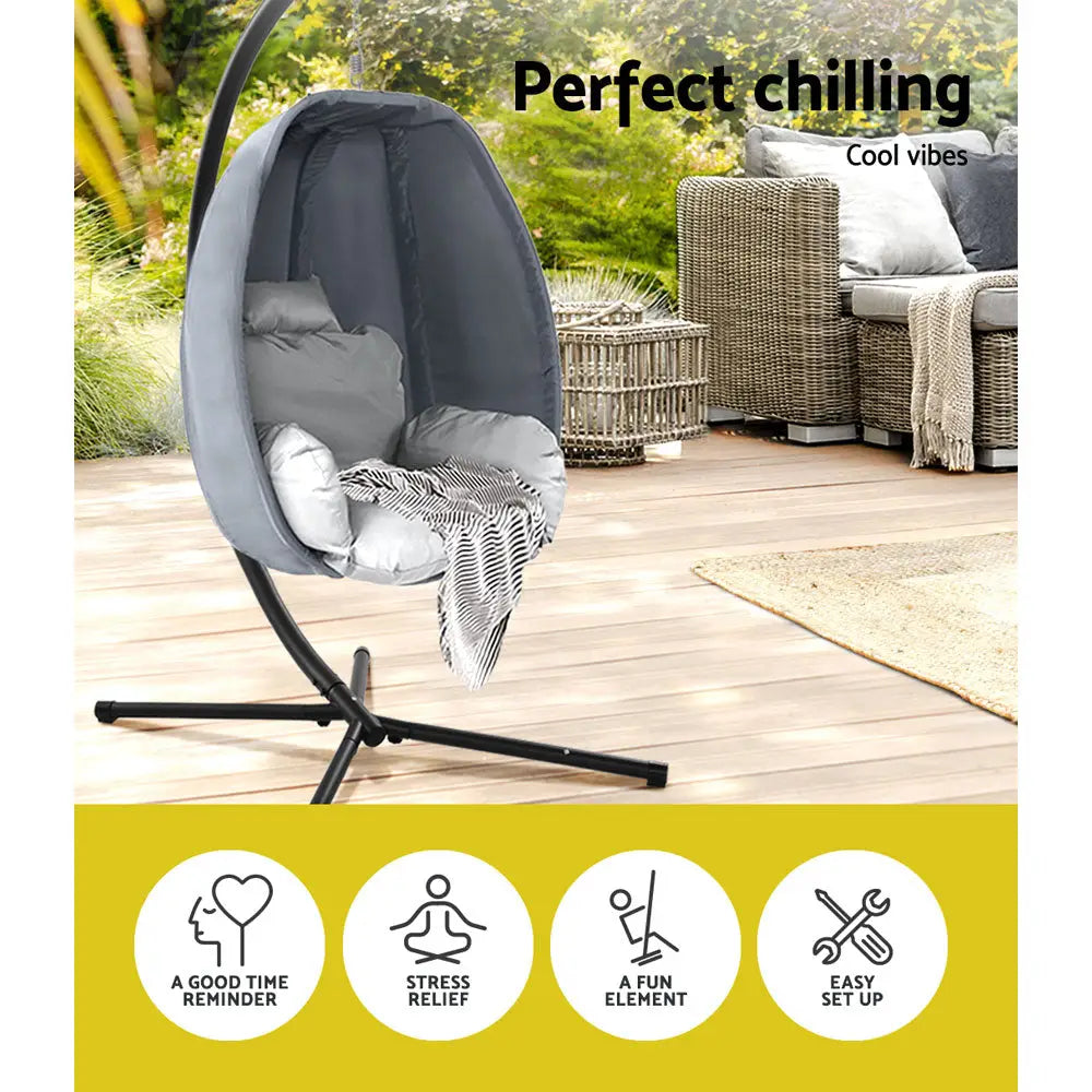 Gardeon Outdoor Egg Swing Chair Patio Furniture Pod Stand Canopy Foldable Grey - Furniture > Outdoor