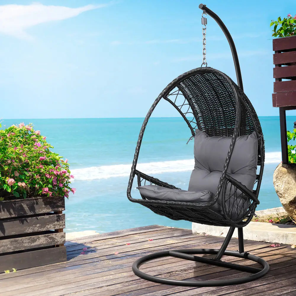 Gardeon Outdoor Egg Swing Chair Wicker Furniture Pod Stand Armrest Black - Furniture > Outdoor