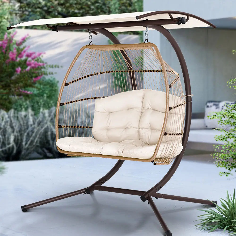 Gardeon Outdoor Egg Swing Chair Wicker Furniture Pod Stand Canopy 2 Seater Latte - Furniture > Outdoor