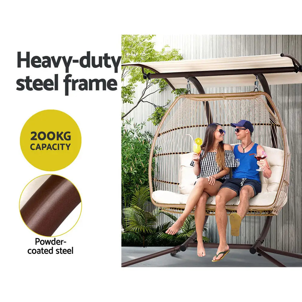 Gardeon Outdoor Egg Swing Chair Wicker Furniture Pod Stand Canopy 2 Seater Latte - Furniture > Outdoor