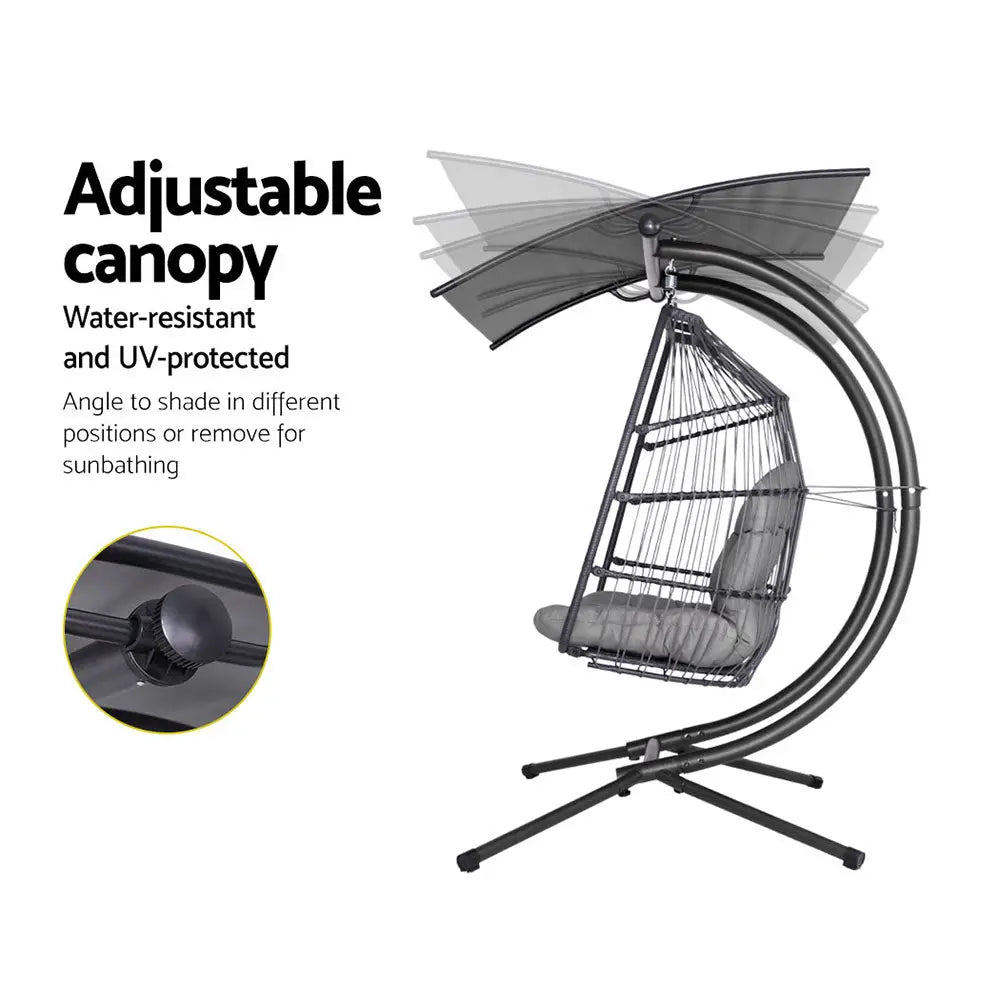 Gardeon Outdoor Egg Swing Chair Wicker Furniture Pod Stand Canopy 2 Seater Grey - Furniture > Outdoor