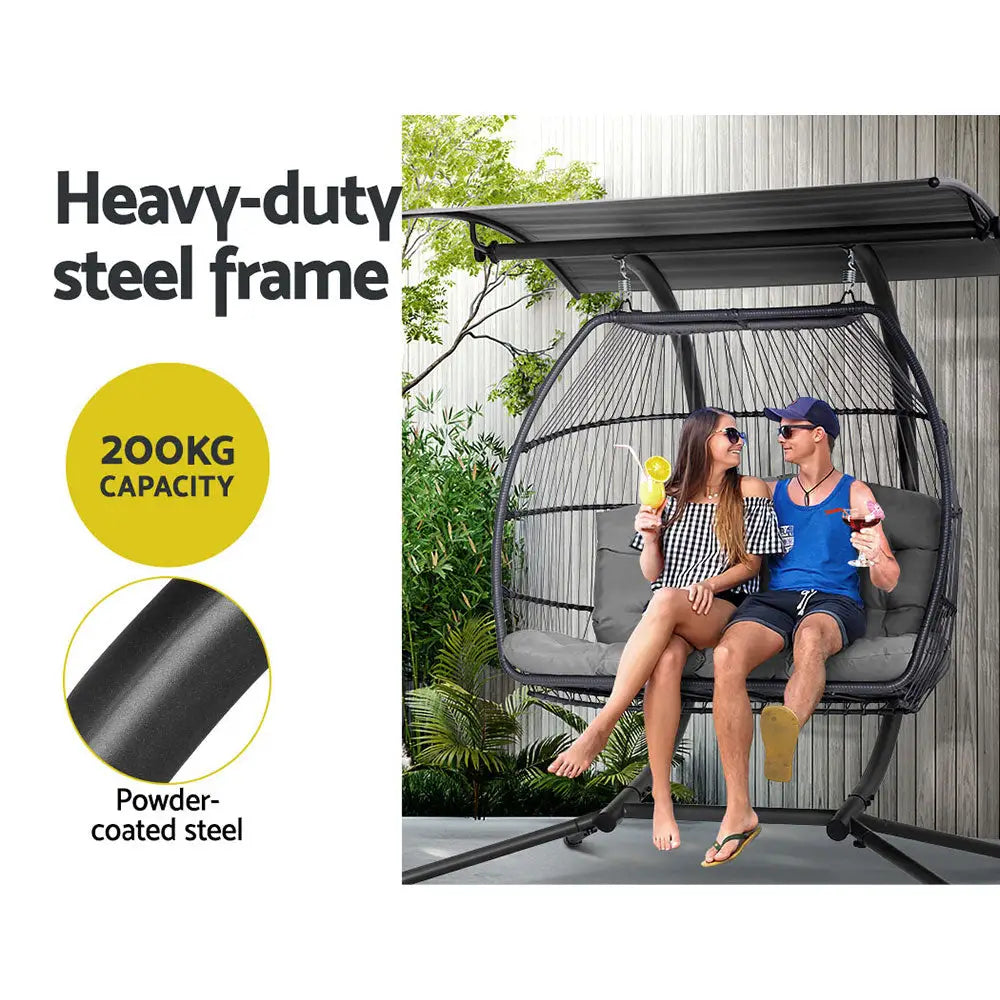 Gardeon Outdoor Egg Swing Chair Wicker Furniture Pod Stand Canopy 2 Seater Grey - Furniture > Outdoor