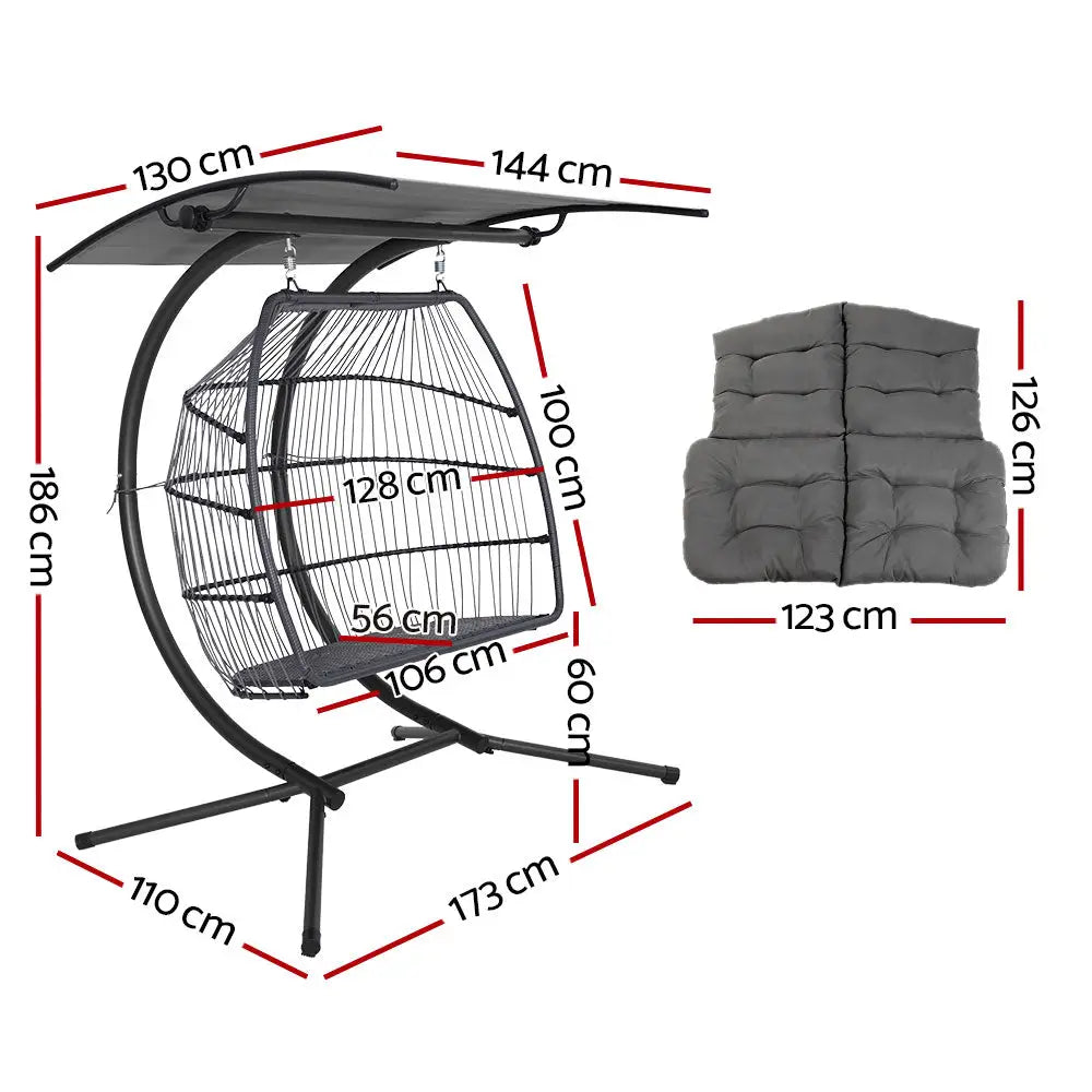 Gardeon Outdoor Egg Swing Chair Wicker Furniture Pod Stand Canopy 2 Seater Grey - Furniture > Outdoor