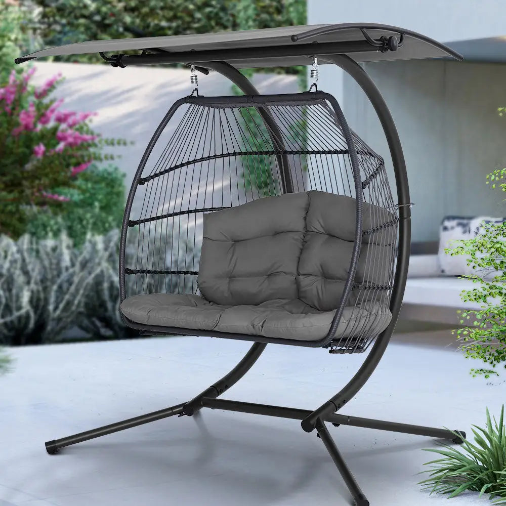 Gardeon Outdoor Egg Swing Chair Wicker Furniture Pod Stand Canopy 2 Seater Grey - Furniture > Outdoor