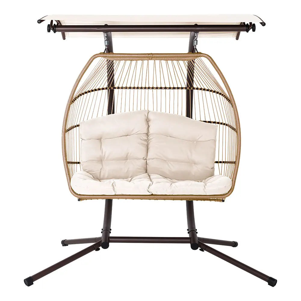 Gardeon Outdoor Egg Swing Chair Wicker Furniture Pod Stand Canopy 2 Seater Latte - Furniture > Outdoor