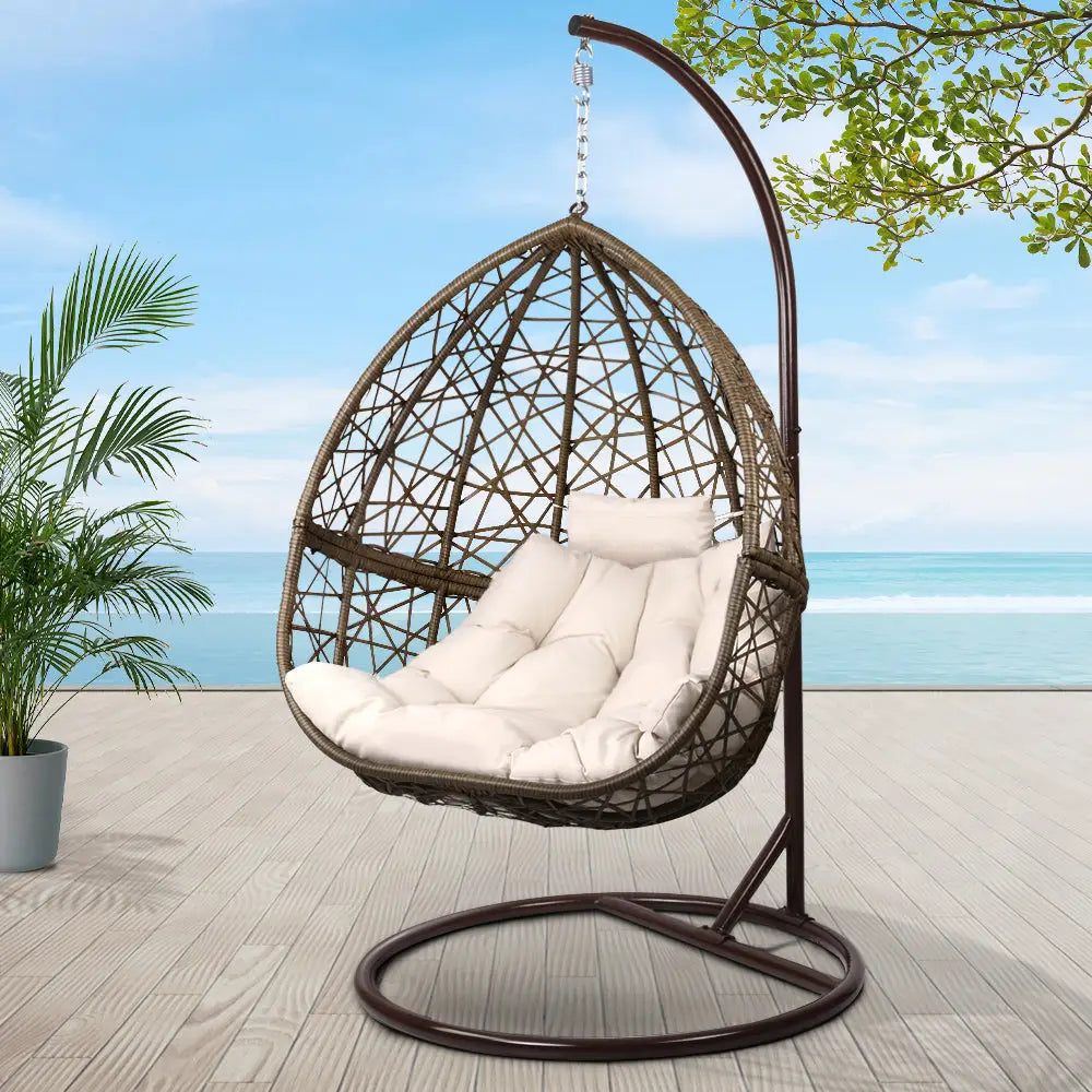 Gardeon Outdoor Egg Swing Chair Wicker Rattan Furniture Pod Stand Cushion Latte - Home & Garden > Hammocks