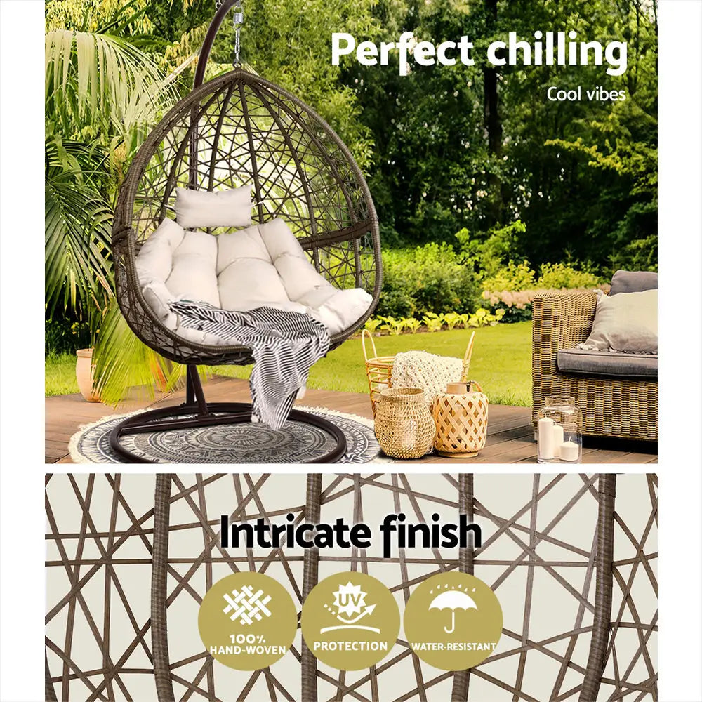 Gardeon Outdoor Egg Swing Chair Wicker Rattan Furniture Pod Stand Cushion Latte - Home & Garden > Hammocks