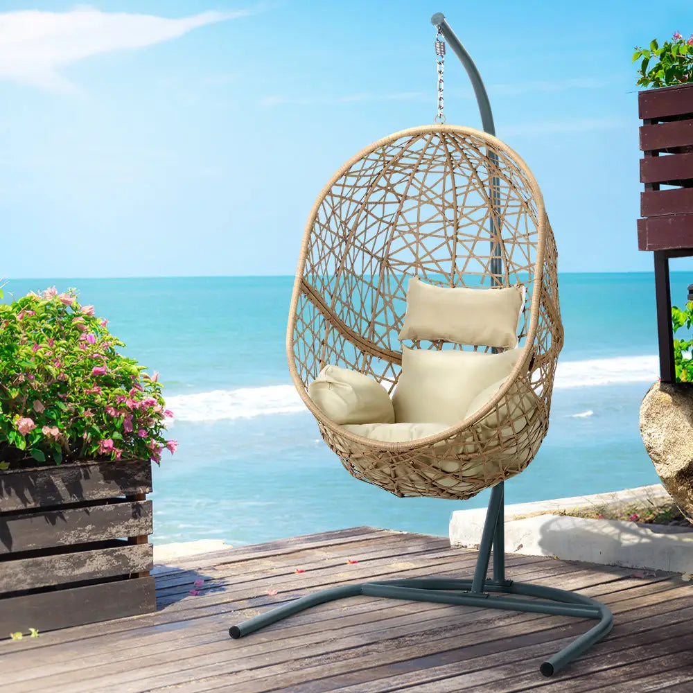 Gardeon Outdoor Egg Swing Chair Wicker Rattan Furniture Pod Stand Cushion Yellow - Furniture > Outdoor