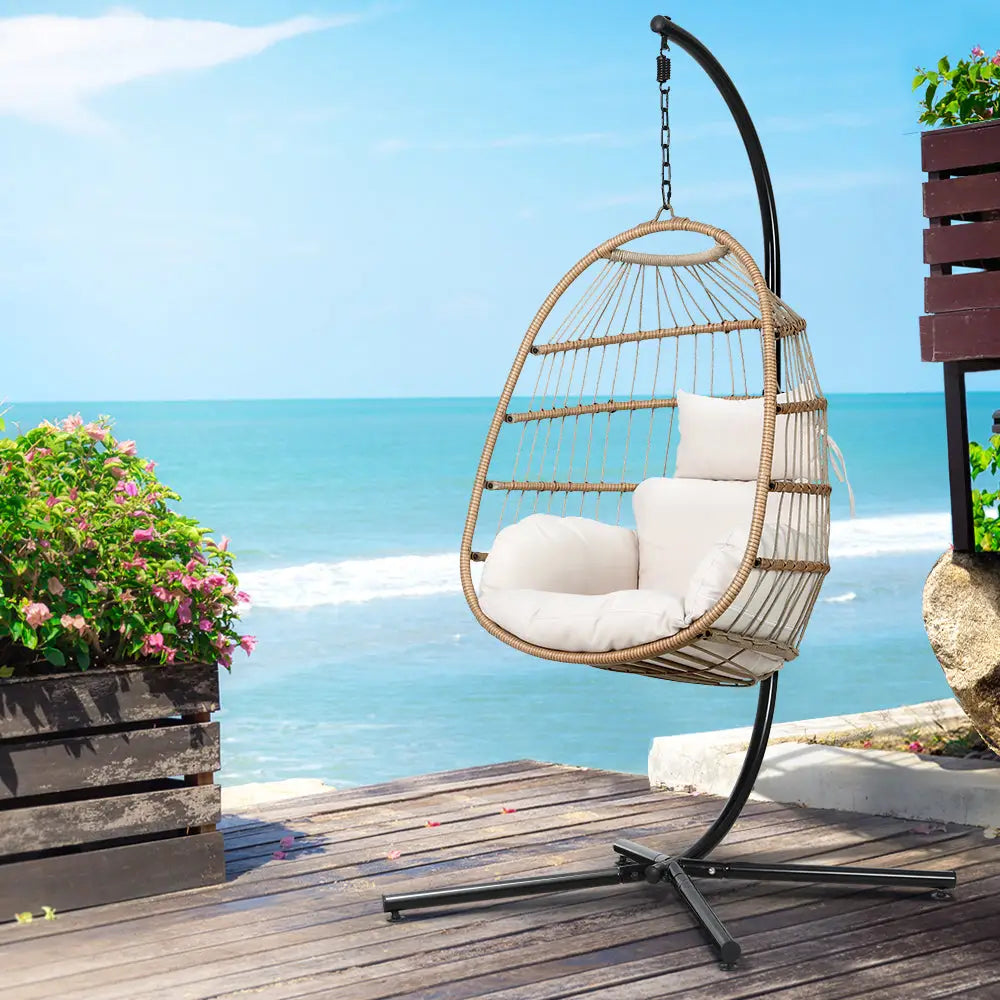 Gardeon Outdoor Egg Swing Chair Wicker Rope Furniture Pod Stand Foldable Yellow - Furniture > Outdoor
