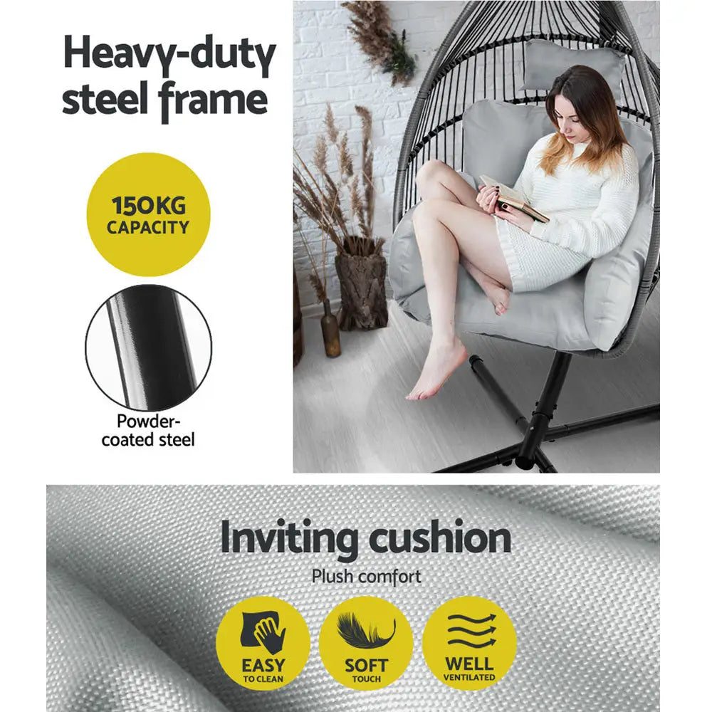 Gardeon Outdoor Egg Swing Chair Wicker Rope Furniture Pod Stand Cushion Grey - Furniture > Outdoor