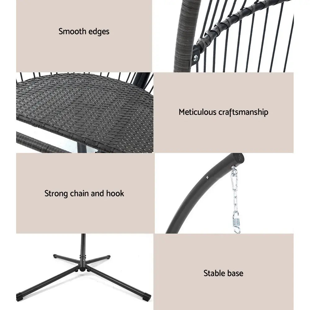 Gardeon Outdoor Egg Swing Chair Wicker Rope Furniture Pod Stand Cushion Grey - Furniture > Outdoor
