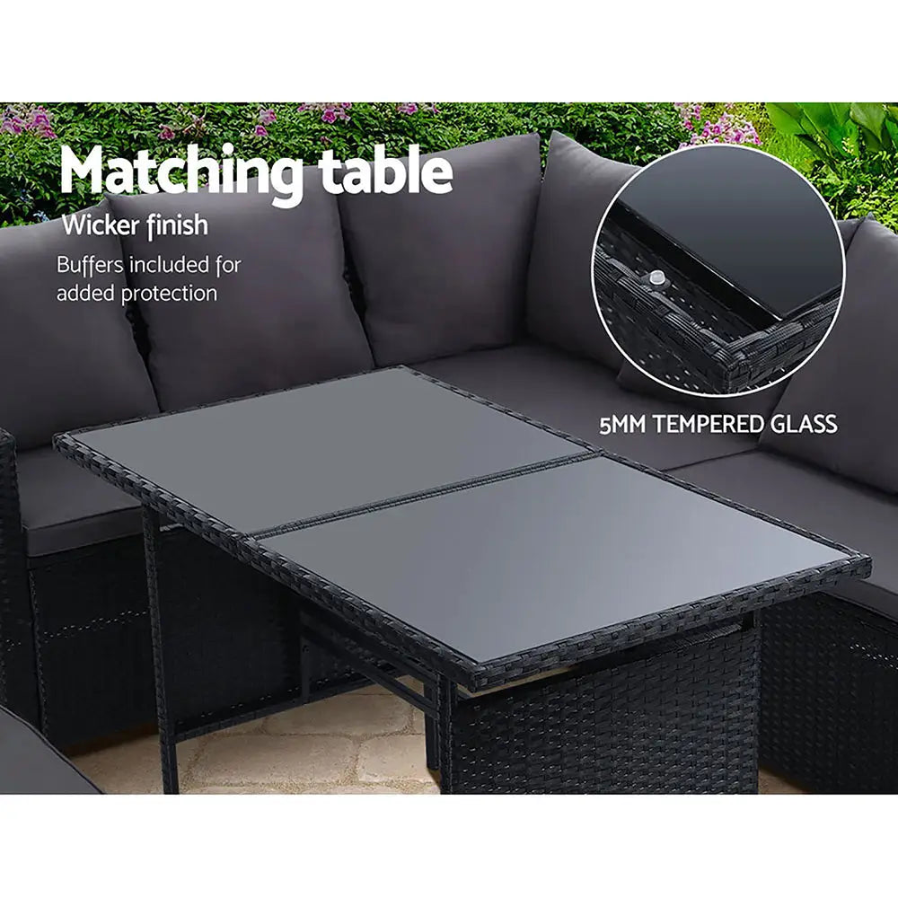 Gardeon Outdoor Furniture Dining Setting Sofa Set Lounge Wicker 8 Seater Black - Furniture > Outdoor