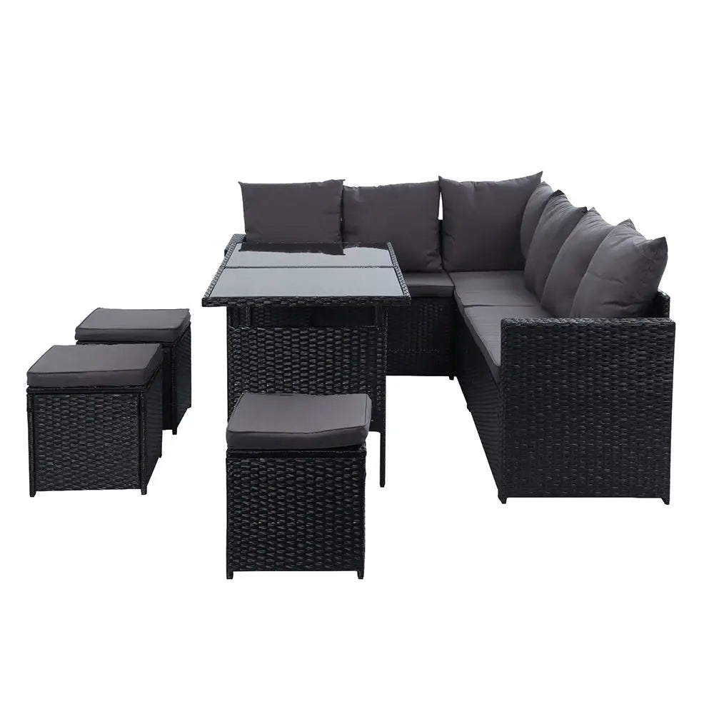 Gardeon Outdoor Furniture Dining Setting Sofa Set Lounge Wicker 9 Seater Black - Furniture > Outdoor