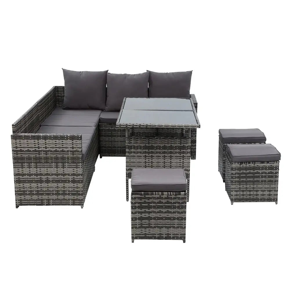 Gardeon Outdoor Furniture Dining Setting Sofa Set Lounge Wicker 9 Seater Mixed Grey - Furniture > Outdoor