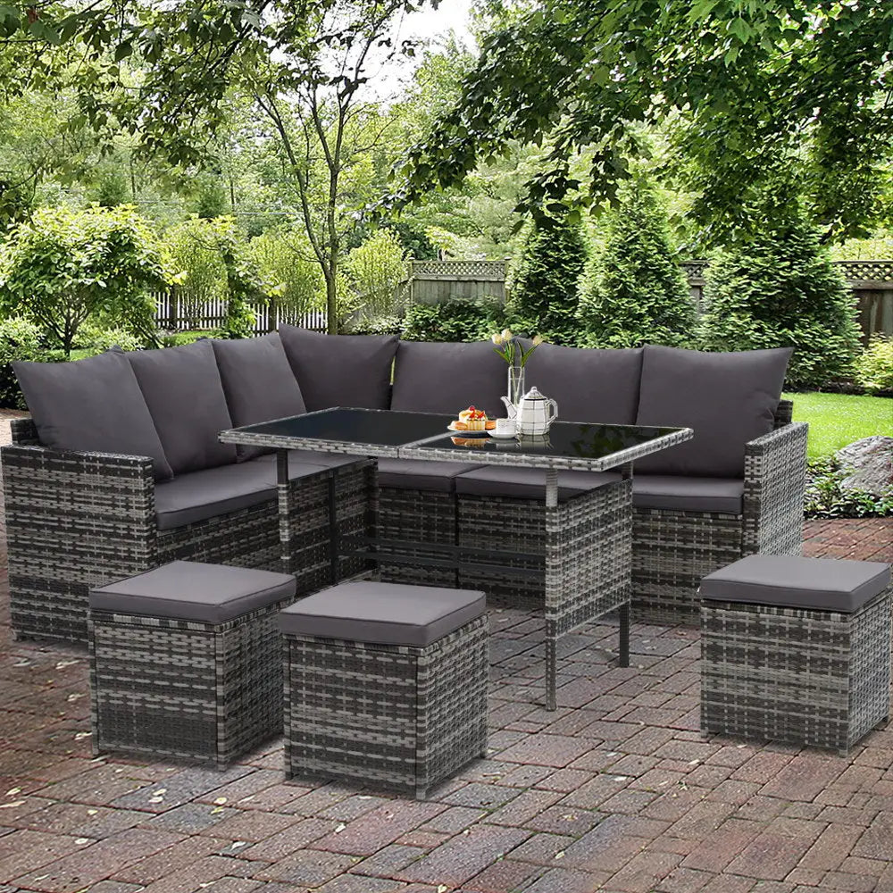 Gardeon Outdoor Furniture Dining Setting Sofa Set Lounge Wicker 9 Seater Mixed Grey - Furniture > Outdoor