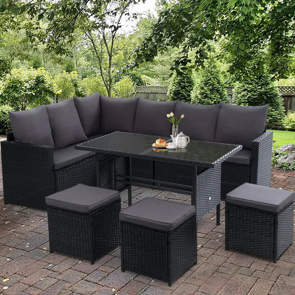 Gardeon Outdoor Furniture Dining Setting Sofa Set Lounge Wicker 9 Seater Black - Furniture > Outdoor