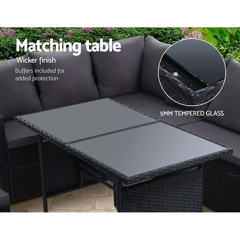 Gardeon Outdoor Furniture Dining Setting Sofa Set Lounge Wicker 9 Seater Black - Furniture > Outdoor